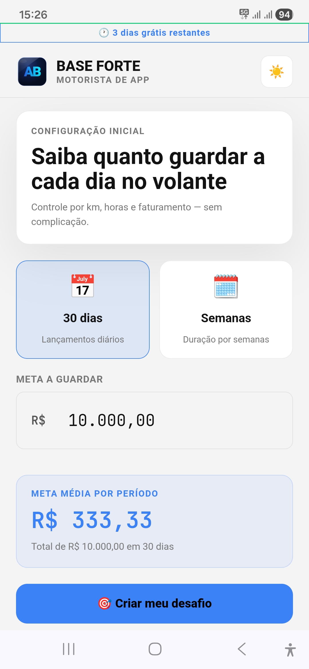 Tela inicial do app